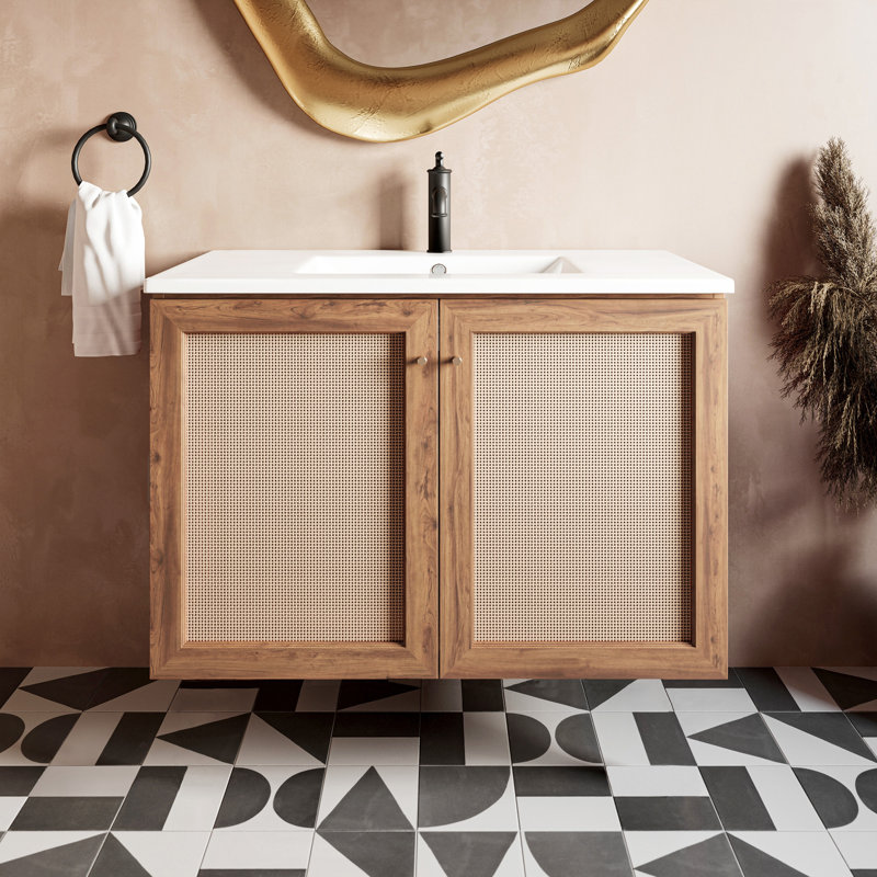 Meuble-lavabo mural en chêne classe 36, Trou simple, Lavabo blanc