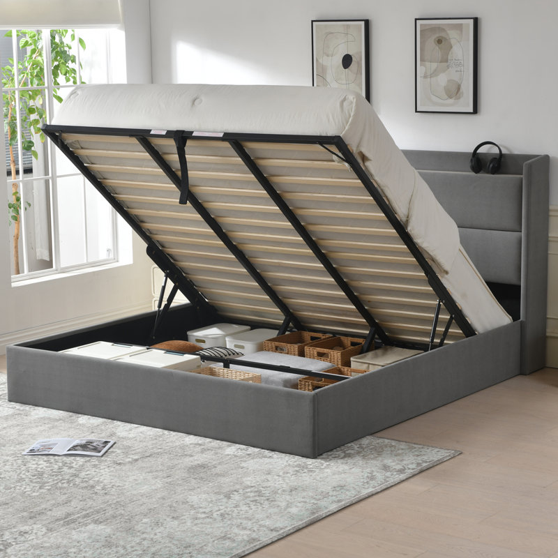 Lit plateforme tapissier avec levage hydraulique, Grey, Très grand