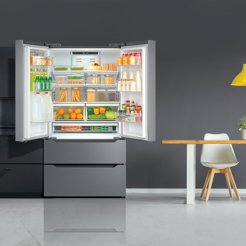 Cosmo 4 Piece Kitchen Appliance Package with French Door Refrigerator 36'' Gas Freestanding Built-In Wall Mount Range Hood