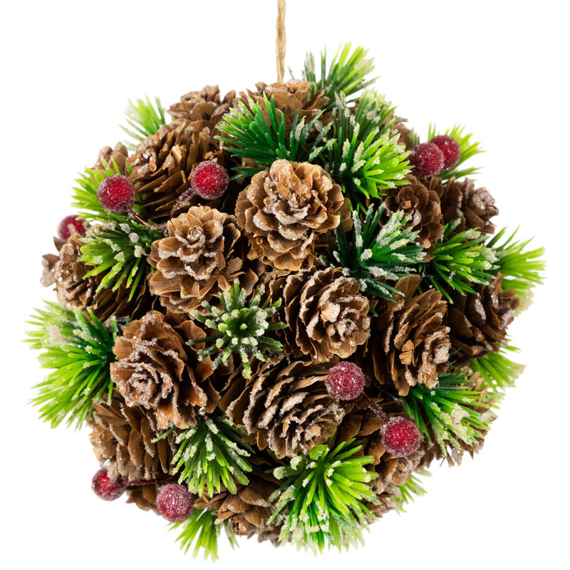 Frosted Pinecones Berries And Pine Sprigs Christmas Ball Ornament - 5"