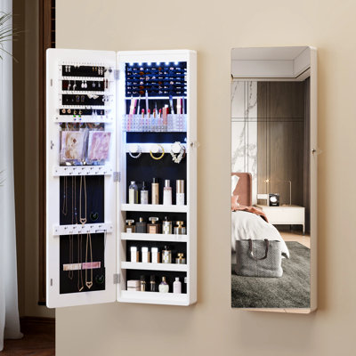 42.5'' Wall Mounted Jewelry Mirror Cabinet with LED Lights, Jewelry Organizer with Makeup Storage, 4-Tier Shelves and Full Length Mirror
