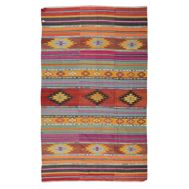 Tapis 100% laine tissé à la main 5,8 pi x 9,3 pi Kilim, géométrique et rayé