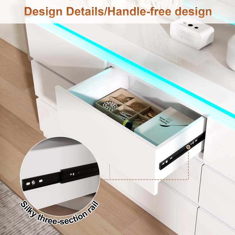 9-drawer Wide Dresser With Led Lights & Charging Hub, White