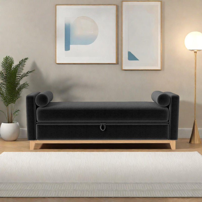 Banc de rangement en sherpa avec pieds en bois et traversins, Noir