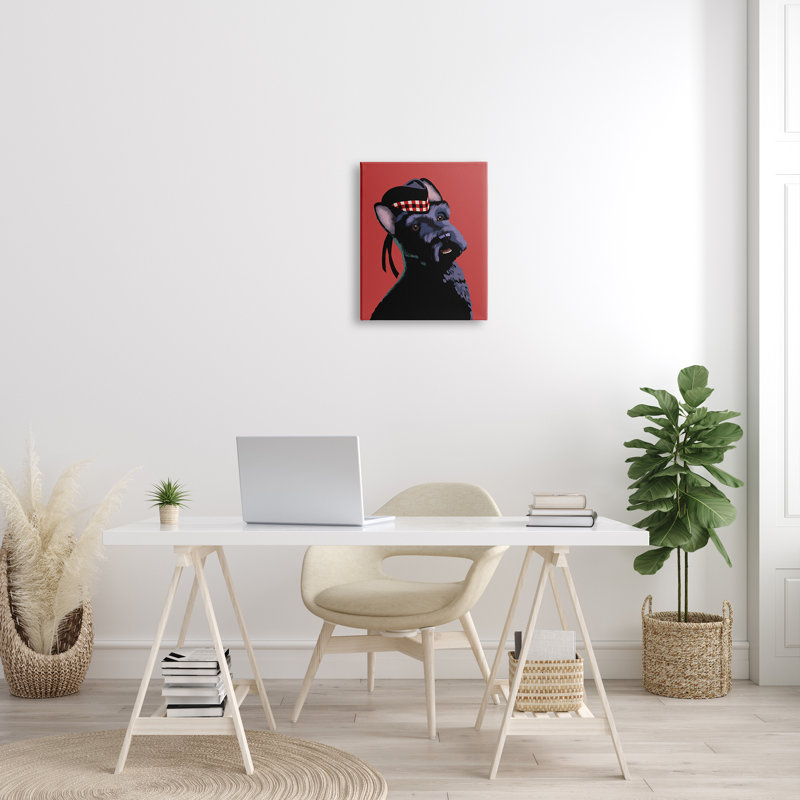 Terrier écossais souriant avec chapeau écossais rouge, H 20 po x l 16 po, Toile tendue