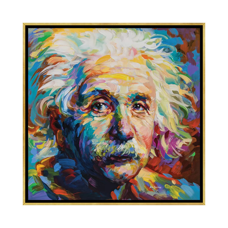 « Einstein » par Leon Devenice, reproduction d’art, H 18 po x l 18 po x 1,5 po, Toile encadrée d'or, Pas de tapis