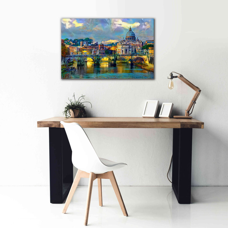 «Basilique Saint-Pierre et pont par jour» par Peter Gavidia, Art mural sur toile, H 26 po x l 40 po