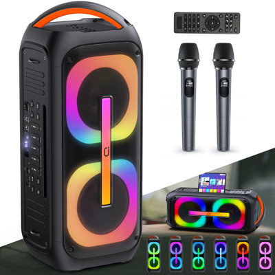 Machine de karaoké portable avec 2 micros sans fil, système de haut-parleurs Bluetooth avec deux haut-parleurs de 6,5 po, basses profondes, son stéréo TWS pour les fêtes, les anniversaires et les rassemblements en plein air