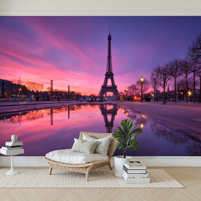 Peel and Stick Wallpaper 96" W x 69" H Modern Self Adhesive Wall Mural for Bedroom Dreamy Paris Sunset Landscape Eiffel Tower Cityscape Urban Park