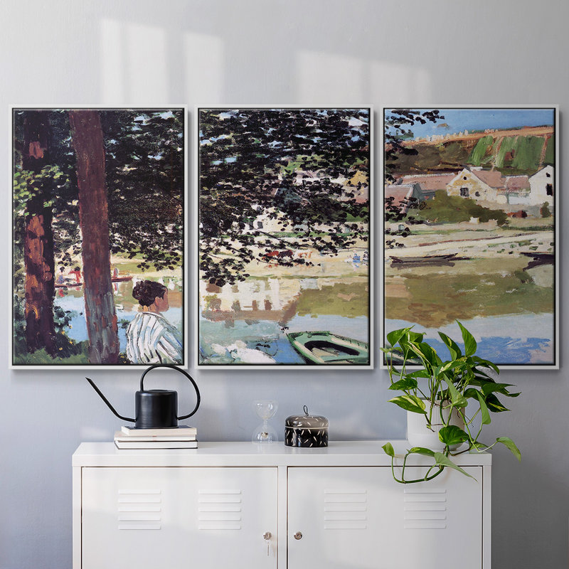 Monet - 3 pièces, reproduction encadrée sur toile, H 36 po x l 75 po x P 2 po, Blanc
