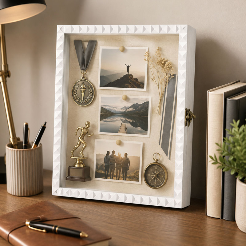 Cadre de boîte-cadre en forme de losange 11 po x 14 po, étui à souvenirs en bois avec porte en verre et support en lin
