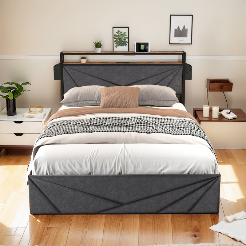 Sturdy And Stable Noiseless LED Bed With Rechargeable Storage Headboard, Queen