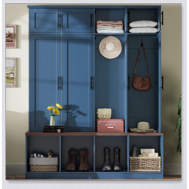 Arbre d'entrée de style ferme avec 4 crochets cachés, banc polyvalent en noyer et armoire à chaussures avec compartiment ouvert