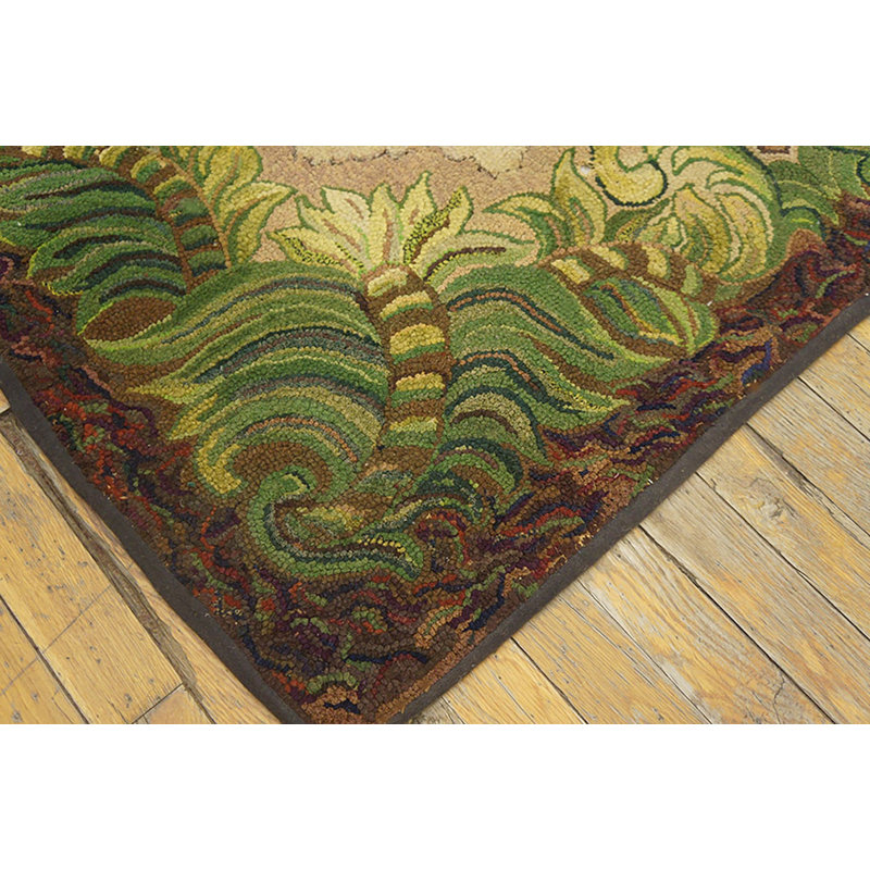 Antique Small Size American Floral Folk Art Design Hooked Area Rug