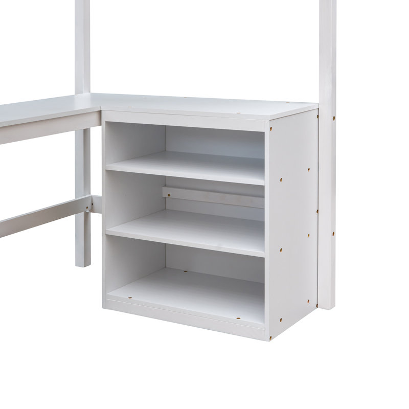 Lit mezzanine avec tablettes et bureau Novare, bois de pin et panneau de fibres à densité moyenne, Simple, Blanc