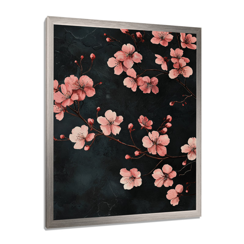Cherry Blossom Midnight Blooms I - Art mural floral, 44" H x 34" W, Argent argent, Reproduction encadrée d'une seule photo