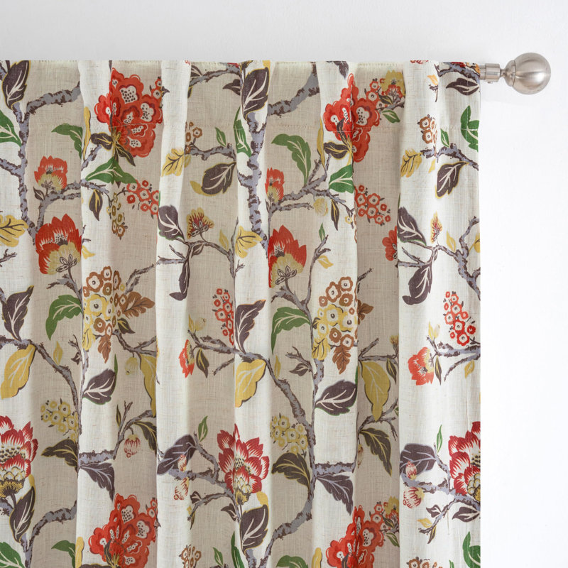 Ada Floral Botanical Print Flower Leaf Thermal Insulated Room Darkening Linen Blackout Back Tab Window Curtains 2 Layers Set of 2 Panels