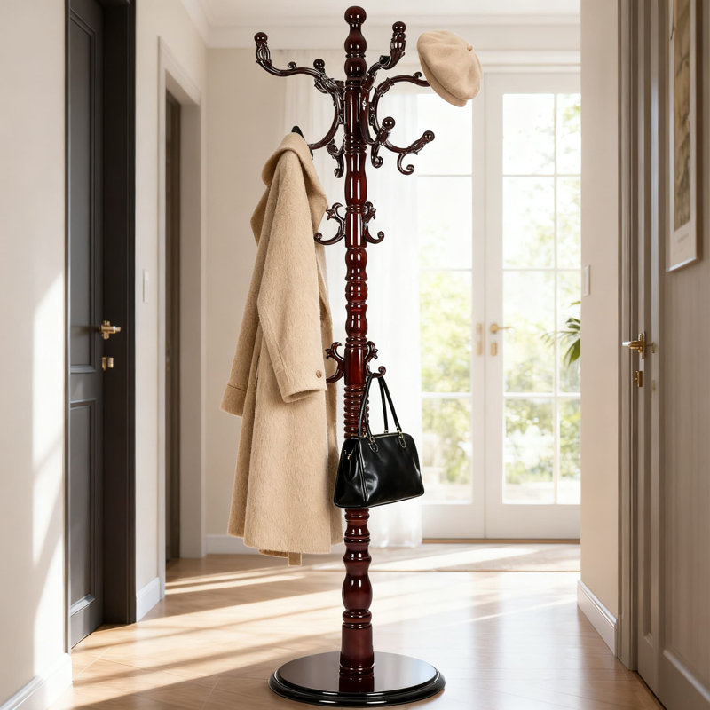Portemanteau autoportant avec base à disque, porte-manteau en bois massif avec 18 crochets et 3 hauteurs réglables pour l'entrée, la chambre à coucher, le couloir, le bureau