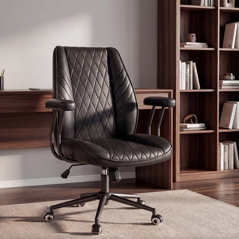 Vintage Leather Office Desk Chiar with Rubber Quite Wheels 120° Rocking & Lumber Support, Black