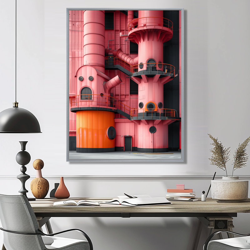 Art industriel mural rose, Incubateur noir rétro II - usines, Toile argentée avec cadre flottant