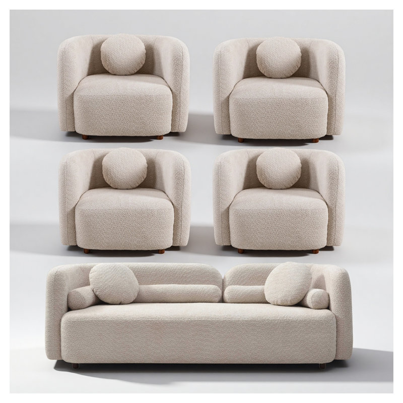 Canapé 3 places moderne en bouclette avec accoudoirs carrés, canapé rembourré beige pâle pour salon