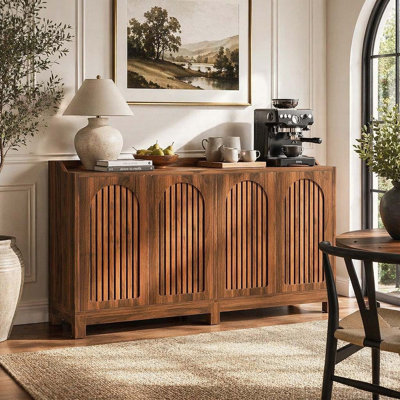 57 Inch Farmhouse Sideboard Buffet Cabinet, 4-Door Shutter Door Storage Console with Adjustable Shelves, Solid Wood Legs Moisture Resistant Media Cabinet for Kitchen Dining Living Room