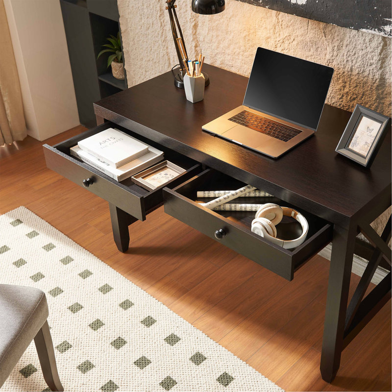Home Office Desk Writing Table Two Drawers Wooden Knob Handles Finished On The Back X Brace Leg Frame