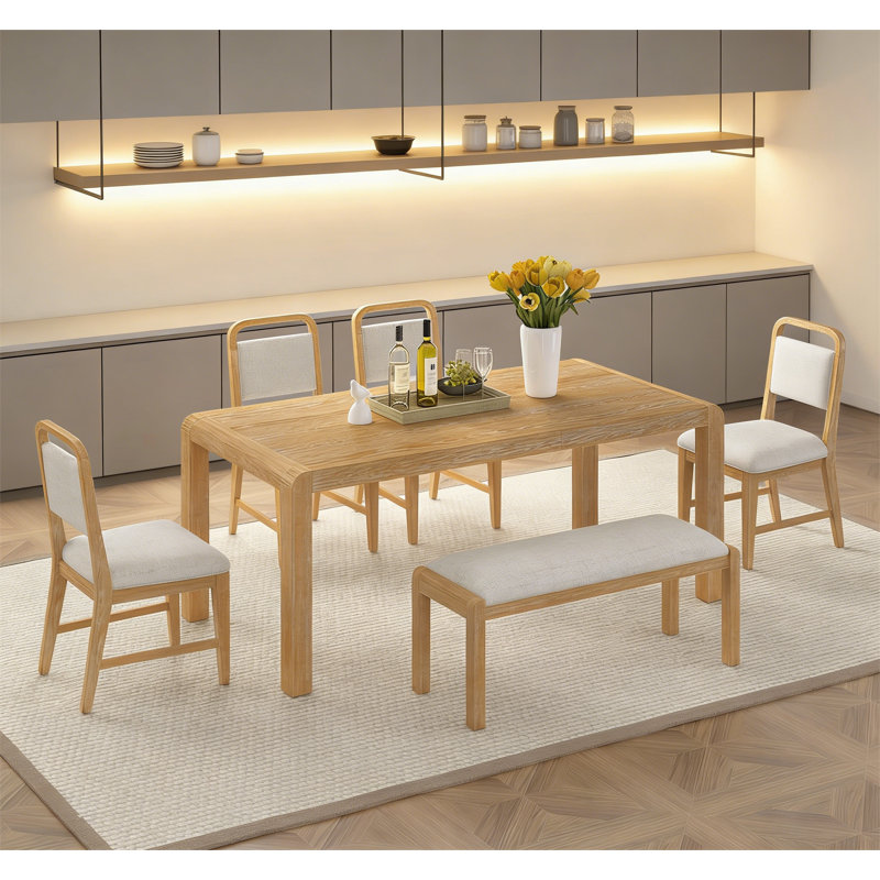 Ensemble de table de salle à manger vintage extensible pour 4 à 6 personnes avec 4 chaises rembourrées et banc, Naturel