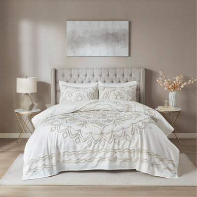 Ensemble de couvre-lit 3 pièces en chenille de coton touffetée ivoire / taupe double / grand