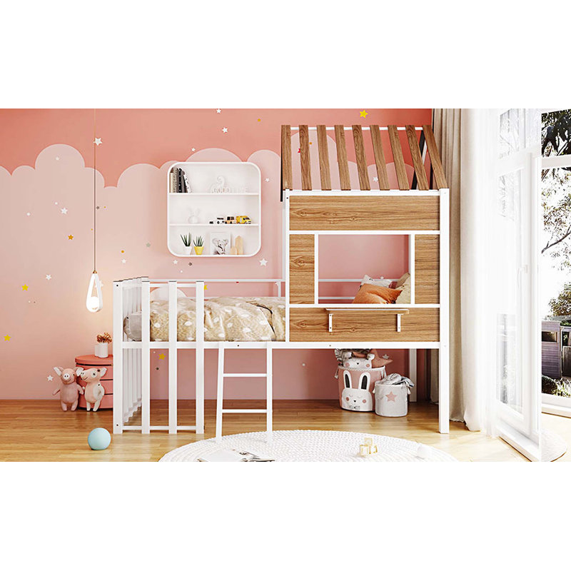 Metal Twin size Loft Bed with Roof, Window, Guardrail, Ladder, White