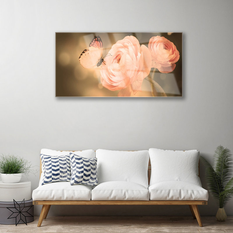 Nature Butterfly Roses - No Frame Print on Glass