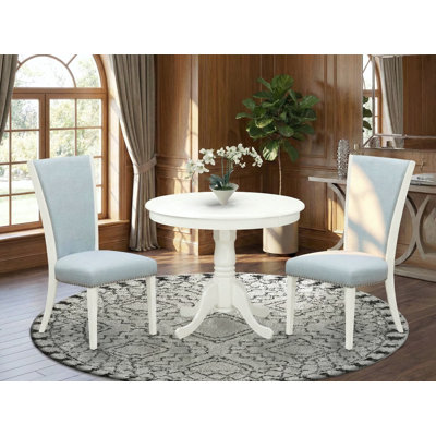 3 Piece Dining Table Set Contains a Round Dining Room Table with Pedestal and 2 Baby Blue Linen Fabric Upholstered Chairs, Linen White