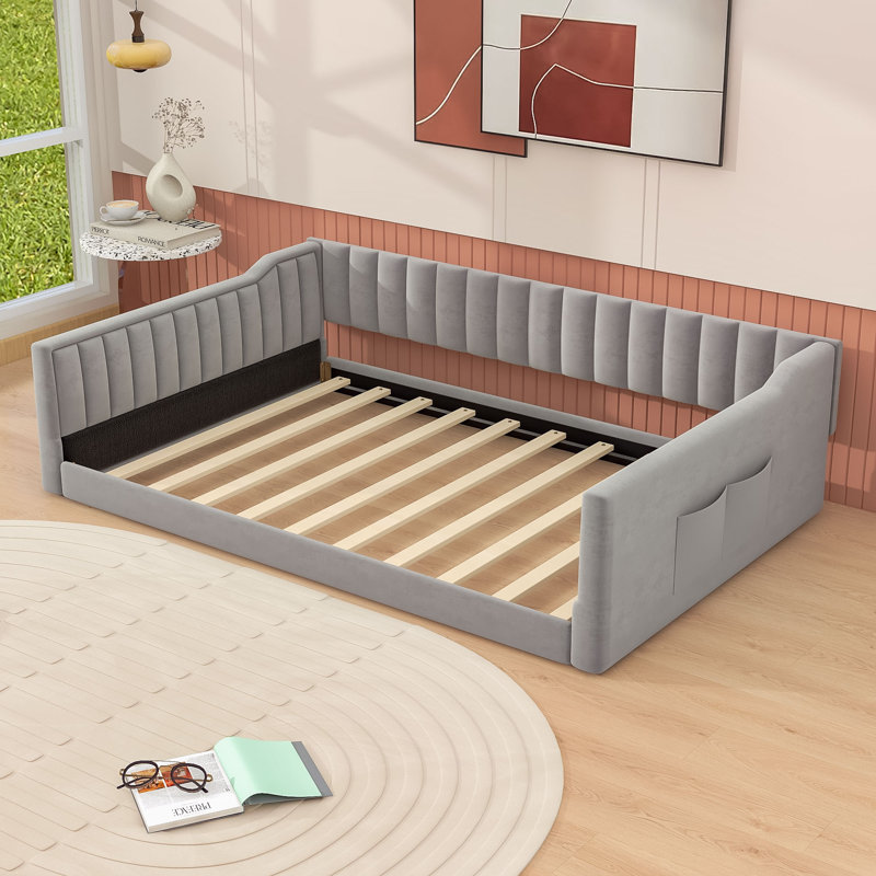 Lit de jour rembourré avec lattes et poche de rangement latérale, Double XL, Gris