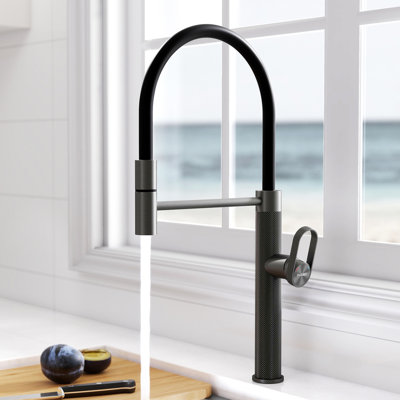 MASO Pull-Out Kitchen Faucet with 360° Swivel Modern Black Rubber Neck, Single Handle Single Hole Sink Faucet, 304 Stainless Steel, 2 Spray Modes, Brushed Grey