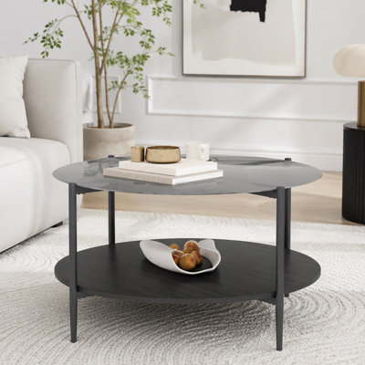 Modern Round Coffee Table with Black Tempered Glass and Walnut Wood Shelf