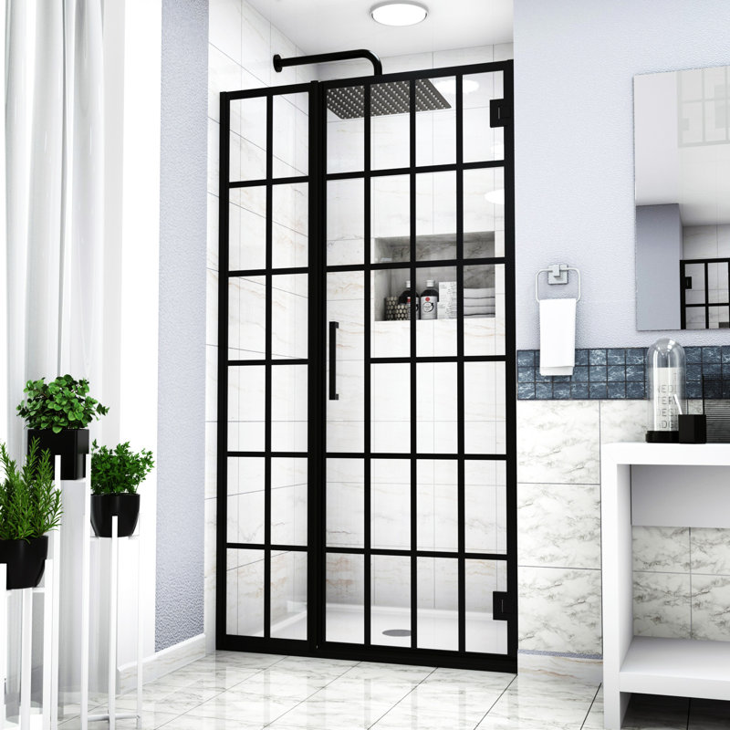 Porte de douche l 34 po x H 72 po Porte de douche pivotante sans cadre avec motif en verre, entrée ouverte