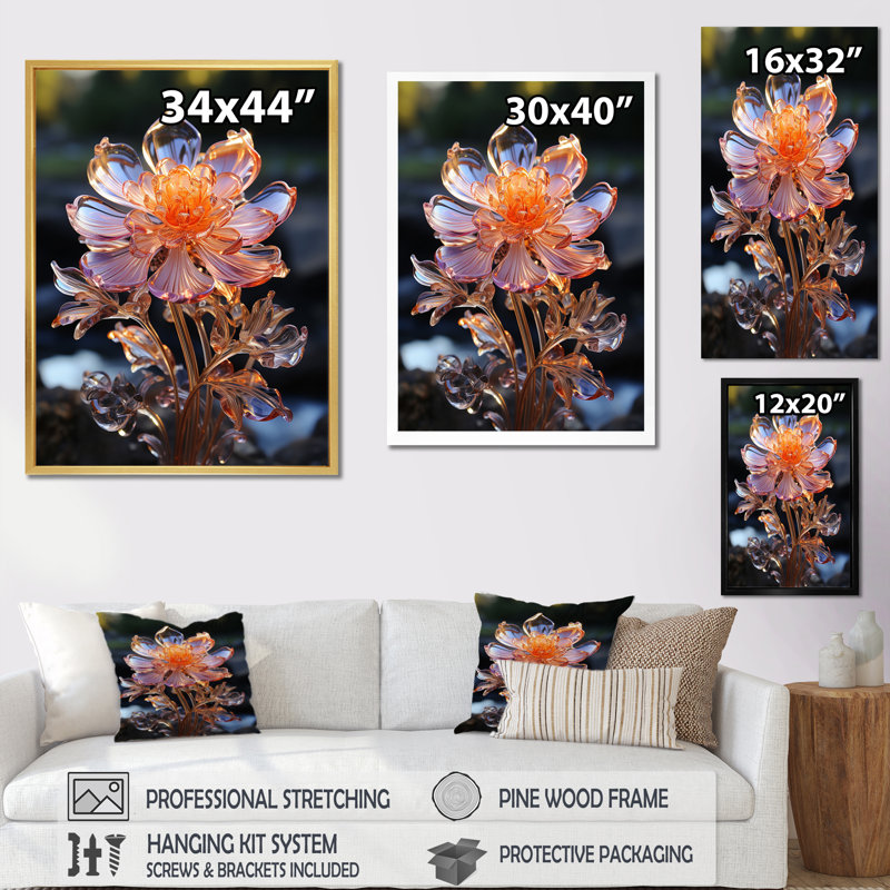 Fleur de cristal de pêche II, H 32 po x l 16 po x P 1,5 po, Cadre flottant doré
