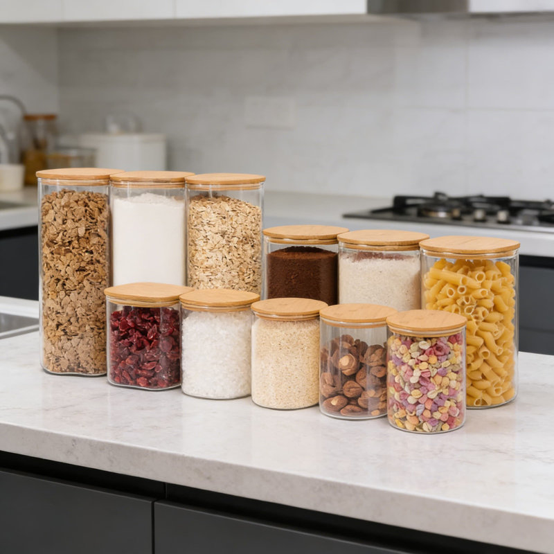 Contenants en verre pour aliments avec couvercles, 2 grands pots carrés de 3,6 pintes pour l'organisation du garde-manger, farine, sucre, riz, pâtes, céréales et produits secs