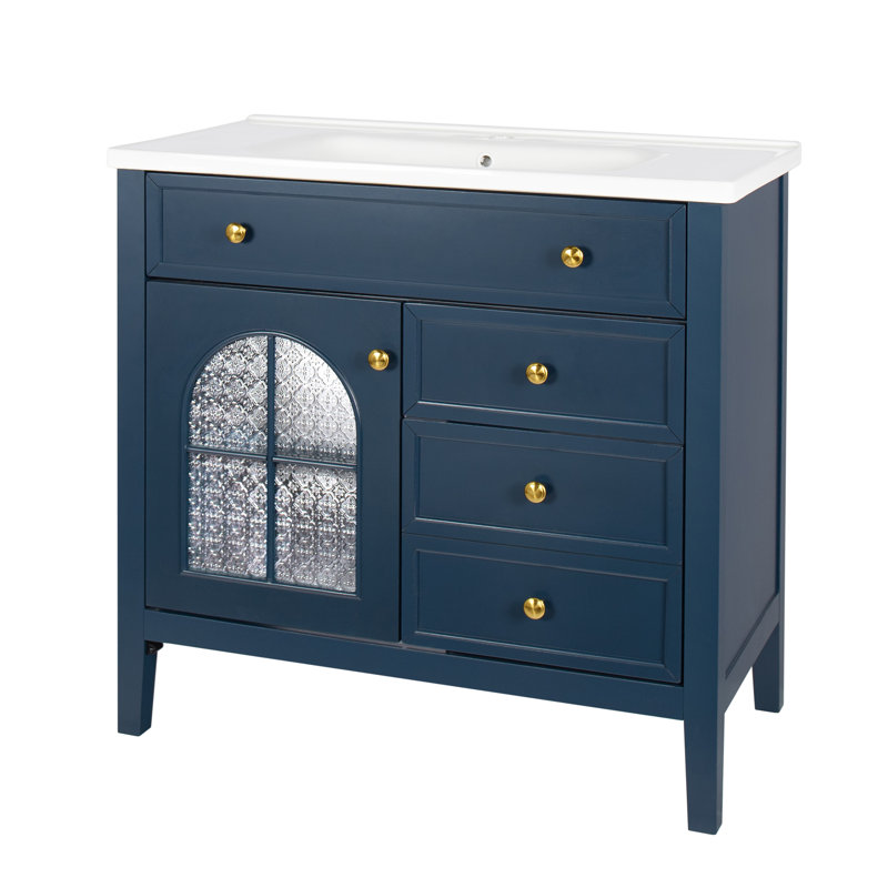 Meuble-lavabo 36 po avec lavabo en céramique et capteur de mouvement, Bleu
