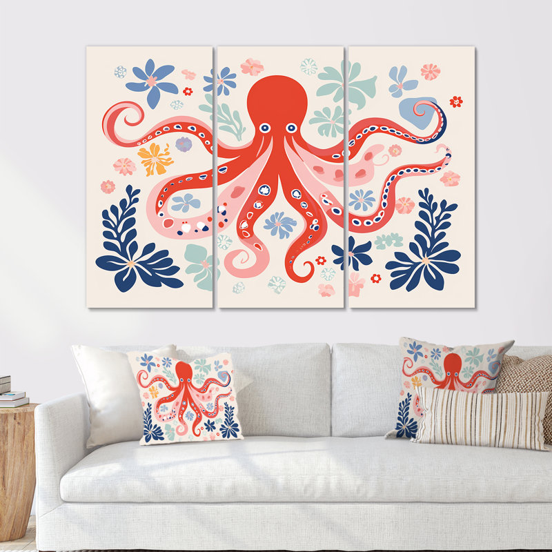 Riordan - Octopus/Squid Animal Wall Art Print Set, Wrapped Canvas, 32" H x 48" W x 1" D