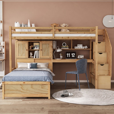 Loft Bed With Built-In Desk And Staircase, With Storage Compartments And Shelves