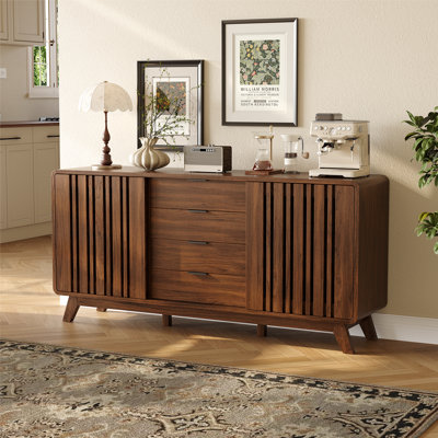 Buffet 61,4 "avec rangement, armoire de rangement cannelée avec portes coulissantes et 4 tiroirs