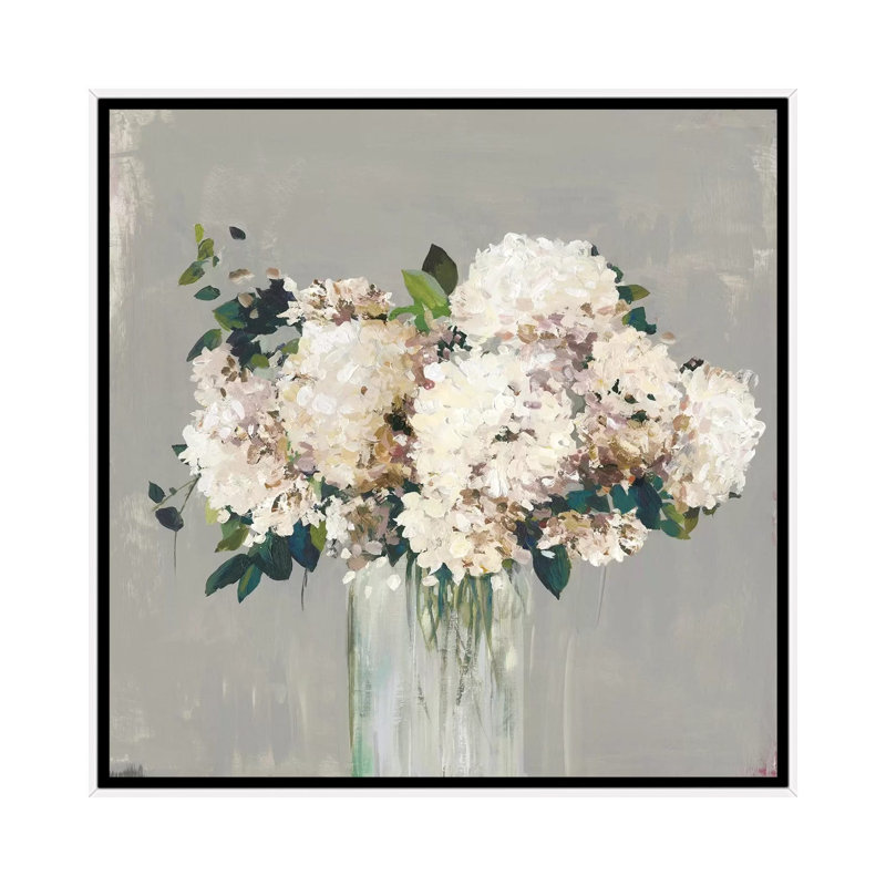 « Hortensia » par Allison Pearce, reproduction d’art, H 37 po x l 37 po x P 1,5 po, Toile blanche encadrée, Pas de tapis