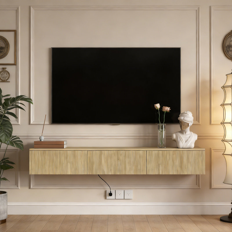 Floating TV Stand Wall Mounted with Led Lighting, Modern Media Console with Charging Station, Space-Saving Entertainment Center for Living Room