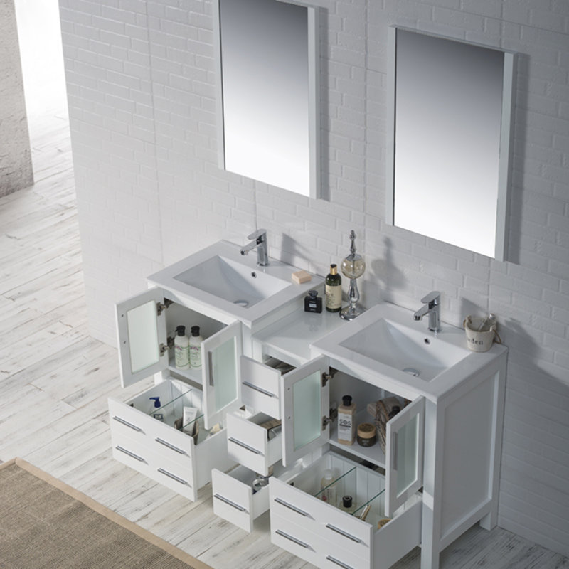 Mance 60.63 " W Freestanding Standard Free Standing 2 Double Vanity Bathroom Vanity With Ceramic Top with Mirror
