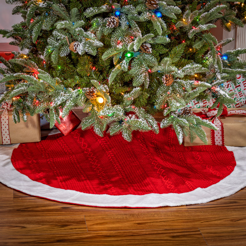 Red Cable Knit Tree Skirt with White Faux Fur Trim