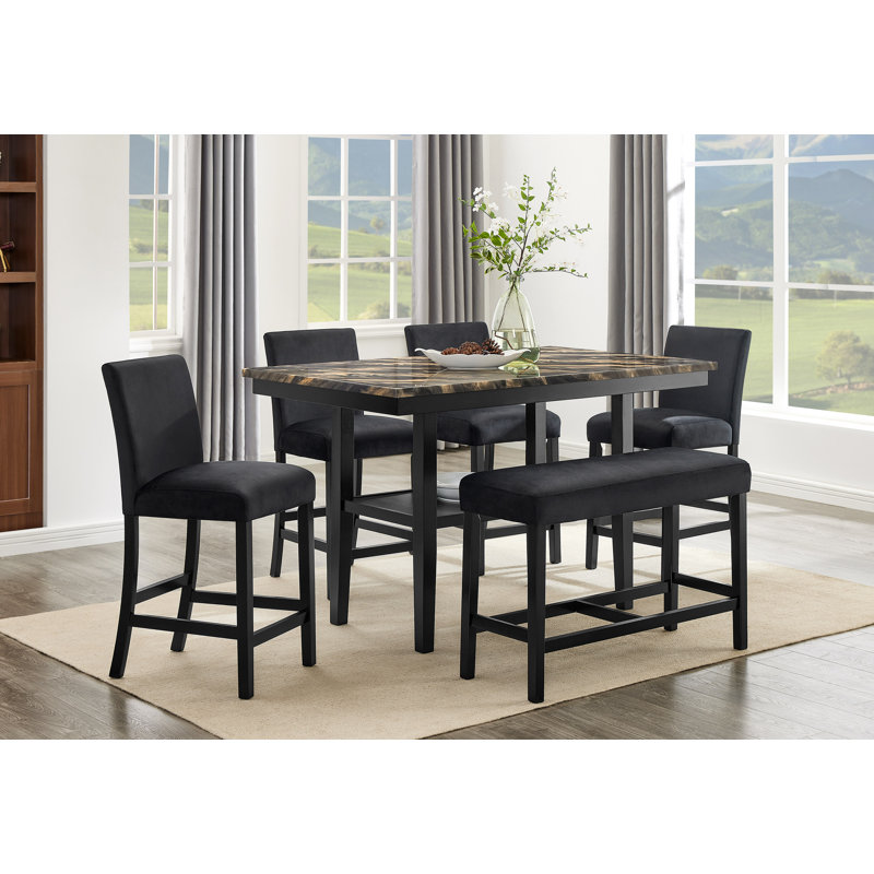 Ensemble de salle à manger rectangulaire 6 pièces, hauteur comptoir, style moderne du milieu du siècle, en faux marbre et bois massif, noir et or, avec étagère de rangement.