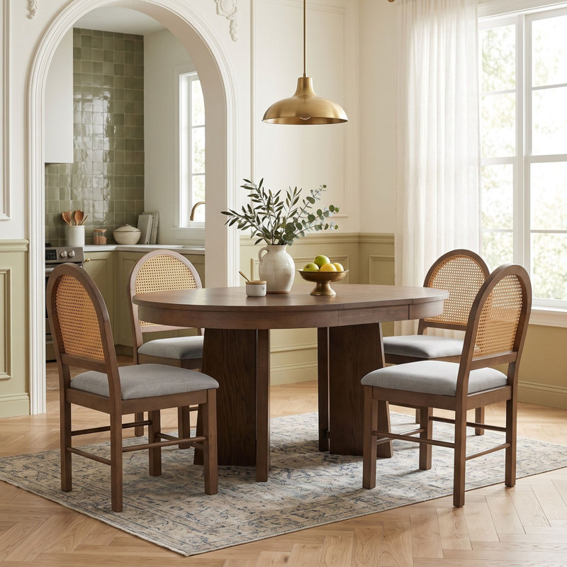 Ensemble de table et de chaises de salle à manger rondes extensibles rétro avec 4 chaises à dossier en rotin pour la cuisine et la salle à manger