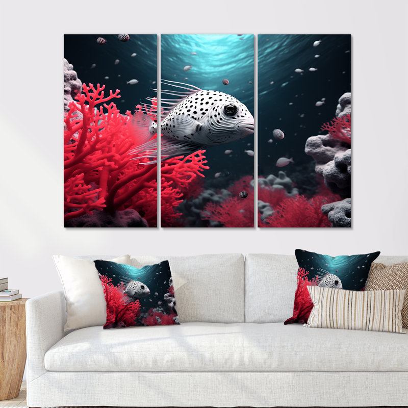 The Graceful Pufferfish - Coastal Coral Under Water, ensemble d'art sur toile, H 28 po x l 36 po