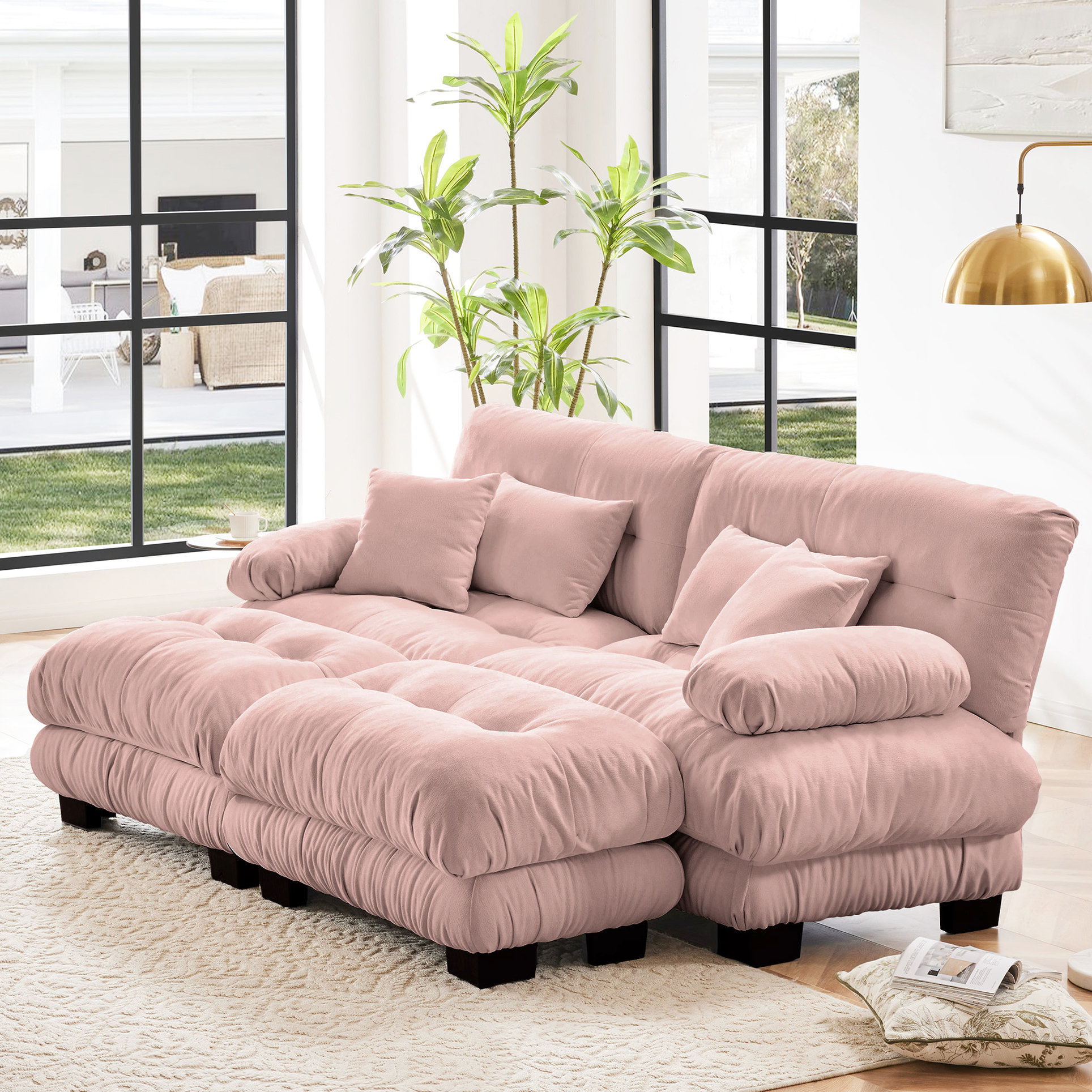 Latitude Run® 2 Seater Pink Chenille Cloud Couch Sleeper With Lumbar ...